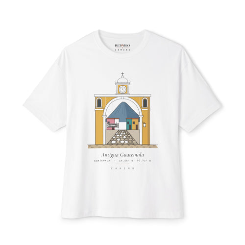 Antigua Guatemala Camino tee in White, featuring an illustration of the Santa Catalina Arch framing Volcán de Agua. By RETABLO.