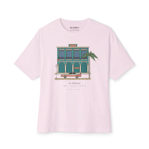 La Habana Camino tee in Soft Pink, featuring an illustration of a teal colonial arcade, a royal palm and a vintage car. By RETABLO.