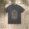 a red-crowned sugar skull with gold star eyes inside a shrine frame